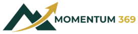 Momentum 369 logo for header area with upward pointing arrow through green mountains.