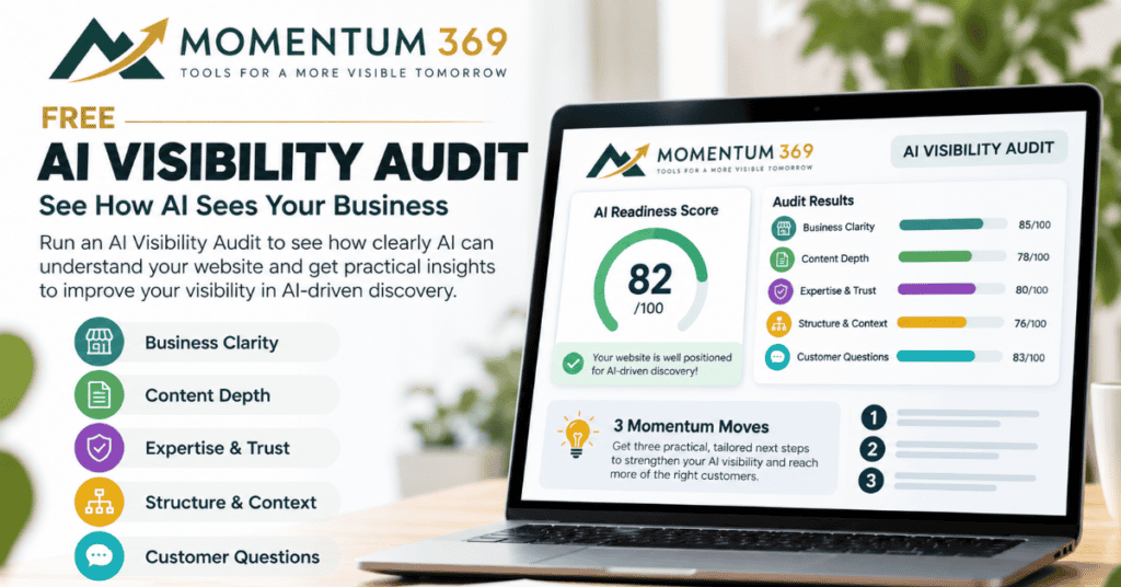 AI Visibility Audit showing an AI readiness score, audit results, and 3 Momentum Moves AI Visibility Audit showing AI readiness score and audit results