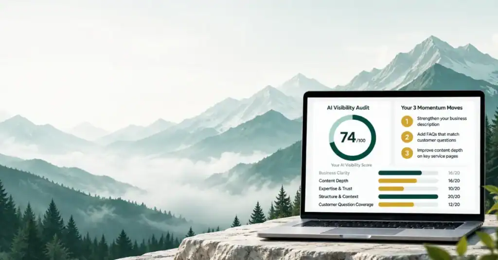 AI visibility for small businesses shown on a computer with AI search insights and business data. 